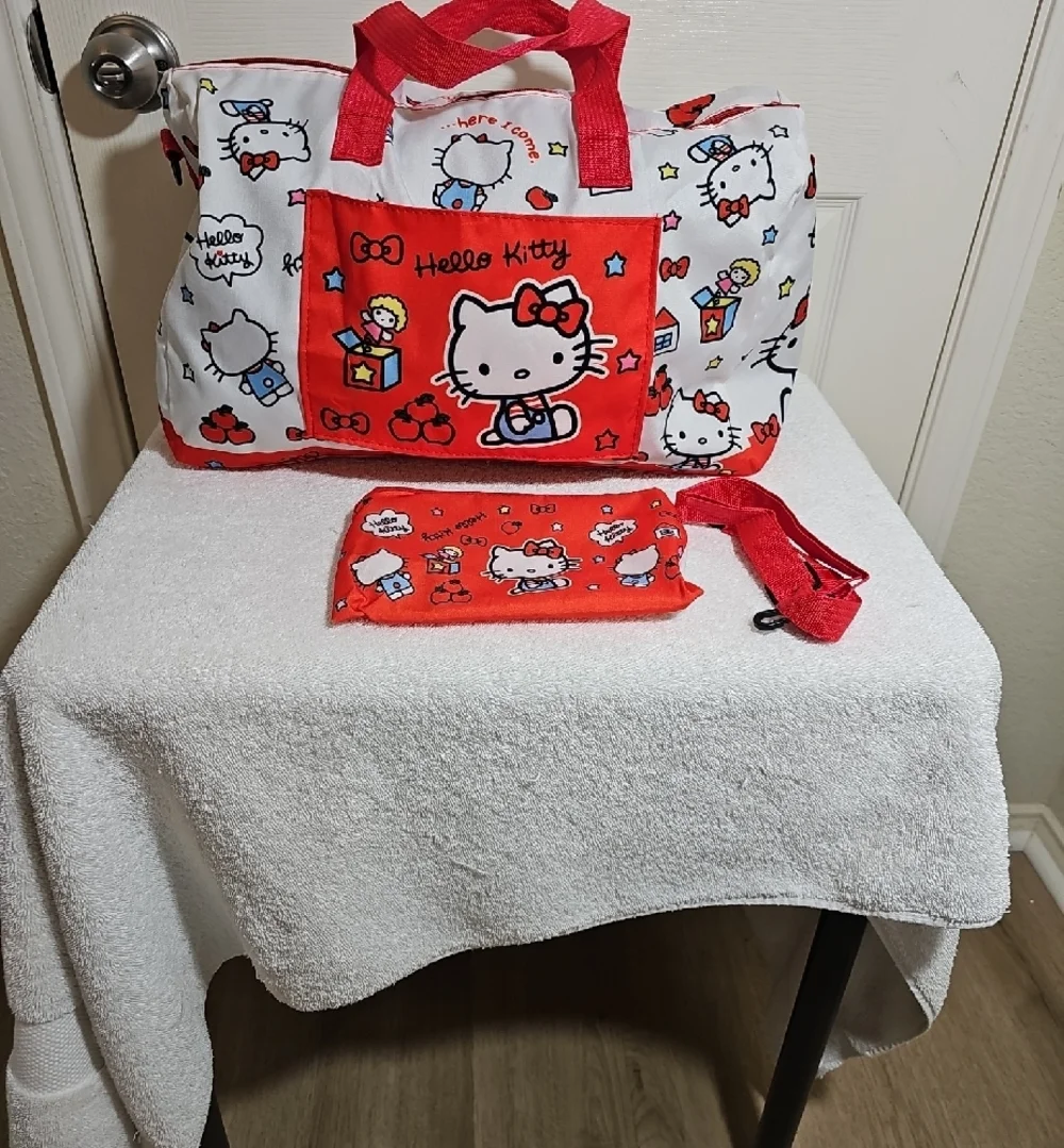 New Sanrio Genuine 2 Pcs Hello Kitty Foldable Duffle Bag and Pouch - Picture 10 of 13